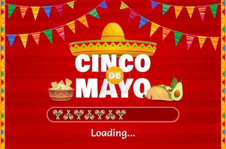 Illustration for Cinco de mayo mexican holiday loading bar, celebratory vector scale showcasing sombrero, hat, tex mex food such as nachos, taco, avocado and jalapeno with maracas representing rich cultural traditions - Royalty Free Image