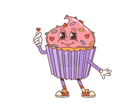 Cartoon retro valentine groovy cake character. Isolated vector whimsical personage exudes funky vibes, flaunting a korean finger heart gesture, blending sweetness and charm with a touch of nostalgia
