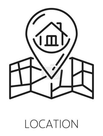 Illustration for Real estate icon, house location pin, home rent and residential apartment sale, vector outline. Real estate pictogram of map and house location pin for residential building developer or house dealer - Royalty Free Image