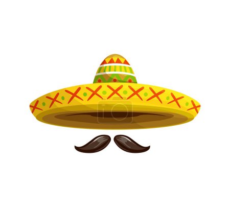 Mexican sombrero paired with mustaches, isolated cartoon vector hat adorned with vibrant colors and intricate patterns, symbolizes Latin culture, festive spirit and lively traditions of country