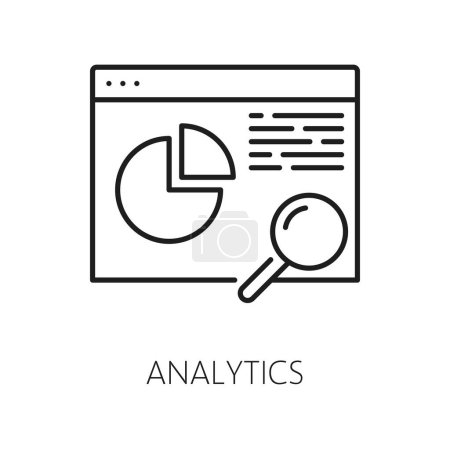 Analytics. CDN. Content delivery network icon, web media upload and update service, website administration and publishing system, CDN outline vector symbol with web page and magnifying glass
