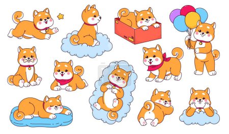 Ilustración de Dibujos animados kawaii shiba inu perro y personajes de cachorro, animales de compañía lindo vector personajes. Divertido japonés perros durmiendo y jugando con hueso juguete, caja, globos, nubes, estrella. Conjunto de cachorros shiba inu feliz - Imagen libre de derechos