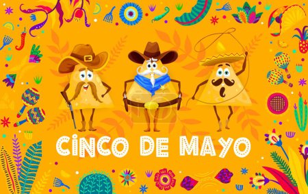 Ilustración de Cinco de Mayo banner con dibujos animados mexicanos nachos vaqueros personajes, fondo vector de vacaciones. Funny nacho charro en sombrero con lazo, sheriff vaquero guardabosques con escopeta para vacaciones Cinco de Mayo - Imagen libre de derechos