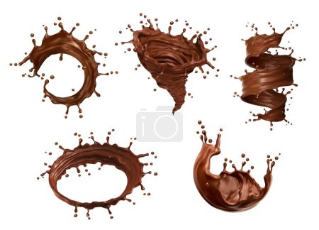 Illustration for Realistic liquid chocolate choco milk splashes and flow swirls. Cacao melt or coffee drink tornado twister, whirlwind with splatters. Isolated 3d vector cocoa brown hurricane dessert stream and drops - Royalty Free Image