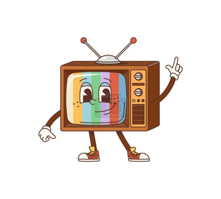 Cartoon tv groovy character. Isolated vector zany, retro television set personage with bright, psychedelic stripes on screen, animated, expressive eyes and wide, charismatic smile, exuding a 70s vibe