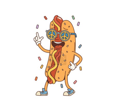 Téléchargez les illustrations : Cartoon hot dog personnage groovy. Vecteur isolé personnage psychédélique de restauration rapide avec une ambiance funky, avec un sourire charmant, portant des lunettes de soleil cool signe de paix, et une pose décontractée, comme la danse - en licence libre de droit