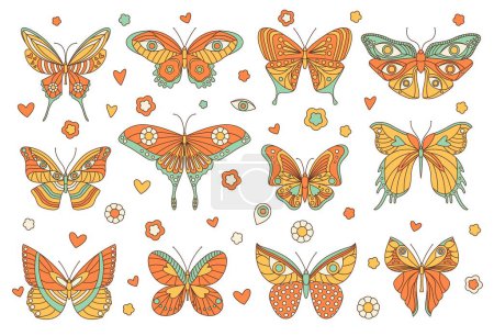 Groovy hippie butterfly, isolated retro insects. Isolated vector set embodying spirit of 1960s counterculture with psychedelic beauty, vibrant hues, intricate wing patterns and whimsical flights