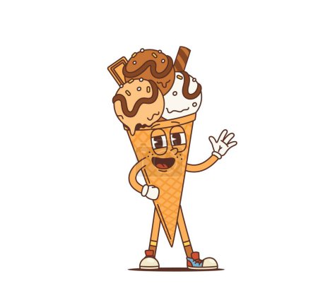 Illustration for Cartoon ice cream cone groovy character. Isolated vector psychedelic summer dessert personage. Funny positive waffle cone wearing wide funky smile, exuding chill vibes and retro nostalgic charm - Royalty Free Image