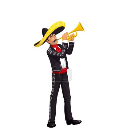 Mexican Cinco de Mayo holiday character, mariachi musician in sombrero with trumpet, isolated vector. Cinco de Mayo fiesta or carnival mariachi man playing mariachi music in national costume