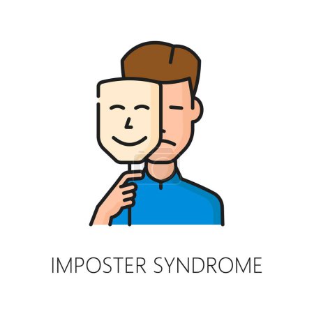 Imposter syndrome psychological disorder problem, mental health icon, portrays a person wearing mask, symbolizing the feeling of inadequacy and self-doubt despite external success, vector linear sign