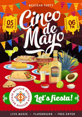 Illustration for Mexican cinco de mayo holiday party flyer with tex mex food on festive table with traditional decor around. Tortilla, guacamole and nachos with corn or maize, burrito, tequila and lime, agave, avocado - Royalty Free Image