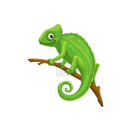Illustration for Chameleon sitting on tree branch. Isolated cartoon vector lizard with green skin. Exotic pet, reptile with curvy tail and telescopic eyes. Wild jungle animal, tropical chameleon, master of disguise - Royalty Free Image