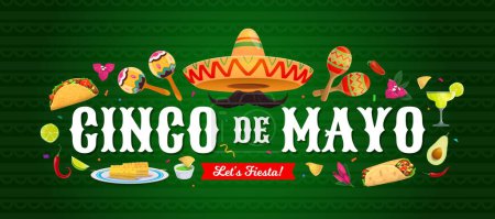 Illustration for Cinco de Mayo Mexican holiday banner with sombrero and food, vector poster. Mexican Cinco de Mayo celebration and fiesta party maracas, margarita and burrito with taco, avocado guacamole and peppers - Royalty Free Image