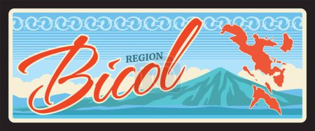 Illustration for Bicol Region V of Philippines. Vector travel plate, nostalgic tin sign, retro welcome postcard or signboard. Souvenir card with Mayon Volcano, map of territory and ornaments design - Royalty Free Image