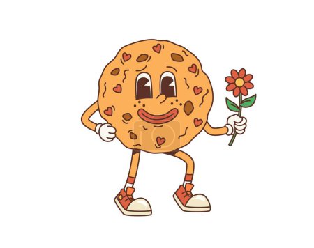 Cartoon retro groovy cookie character holding a daisy. Isolated vector whimsical pastry personage, adorned with chocolate chips, smiling broadly, and radiating a joyful, nostalgic psychedelic 70s vibe