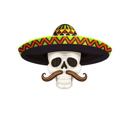 Illustration for Mexican cinco de mayo holiday character. Mariachi musician skull with sombrero and mustaches. Vector Day of dead cranium, Dia de los muertos traditional calaca skeleton head for holiday celebration - Royalty Free Image