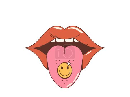 Cartoon groovy woman mouth with tongue. Isolated vector lips reveals a vibrant drug stamp with smile face for psychedelic trip. Declaration of rebellion and risk, substance experimentation culture