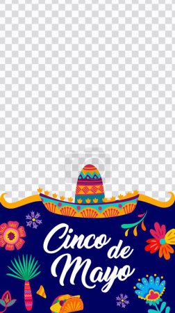 Ilustración de Cinco de Mayo plantilla mexicana de redes sociales sombrero de vacaciones. Sombrero de fiesta México con patrón vectorial de flores tropicales, tex mex taco y nachos, banner web con borde ondulado sobre fondo transparente - Imagen libre de derechos