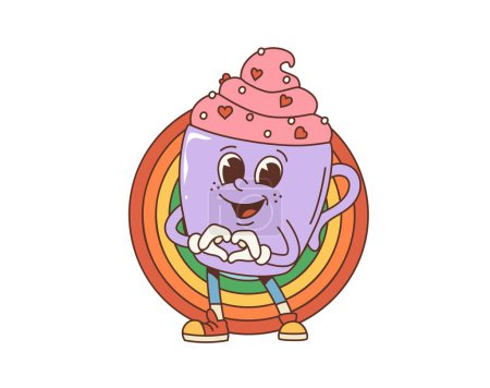 Illustration for Cartoon retro groovy valentine cake character with rainbow circle. Isolated vector cup with joyfully beaming smile and frosting swirls forming hands in a heart gesture, radiating love and nostalgia - Royalty Free Image