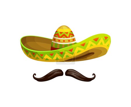 Mexican cinco de mayo holiday sombrero with mustaches. Isolated cartoon vector Mariachi musician hat adorned with vibrant colors and intricate patterns, symbolizes Latin culture, and festive spirit