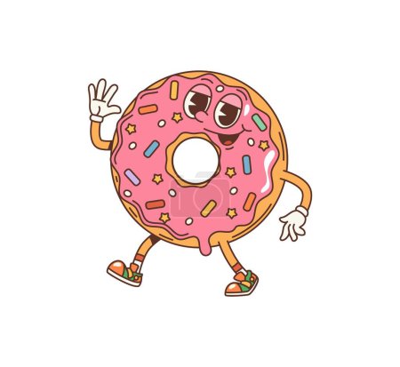 Ilustración de Caricatura donut carácter groovy. Personaje de postre de pastelería de dona vibrante vector aislado con sonrisa funky, esmalte rosa y salpicaduras vívidamente coloridas, encarna un ambiente de los años 70, con una sonrisa amplia y alegre - Imagen libre de derechos