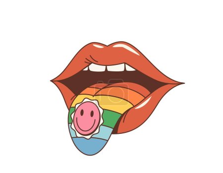 Cartoon groovy woman mouth with tongue and drug stamp. Isolated vector lips reveal a protruding rainbow tongue, adorned with a small, vividly designed smile blotter, hinting at psychedelic experiences