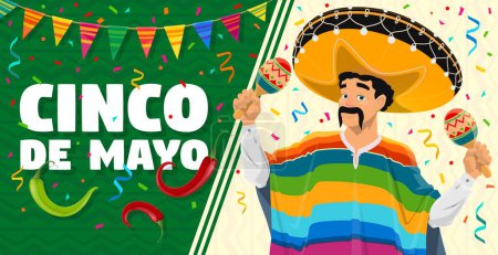 Ilustración de Banner Cinco De Mayo, carácter mexicano con maracas en sombrero para vacaciones, fondo vectorial. Cartel de la fiesta mexicana Cinco De Mayo con hombre en sombrero, chile y chiles jalapeños - Imagen libre de derechos