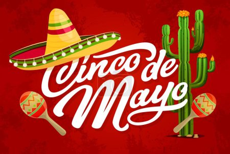 Téléchargez les illustrations : Cinco de Mayo Bannière grunge mexicaine de vacances avec sombrero et cactus, fond vectoriel. 5 mai ou Cinco de Mayo fiesta et Mexico affiche du festival avec maracas traditionnels et sombrero avec ornement - en licence libre de droit