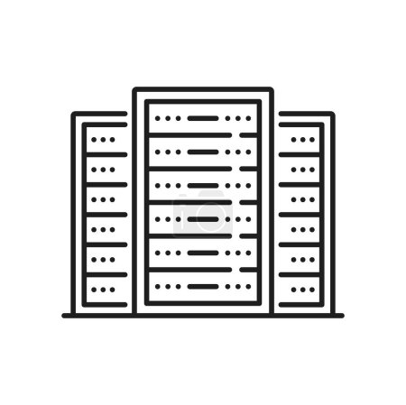 Ilustración de Base de datos, servidor de red e icono de almacenamiento en la nube. Copia de seguridad de datos y plataforma informática en línea, centro de almacenamiento de base de datos o datacenter signo de vector de línea delgada. Símbolo de línea de infraestructura de servidor remoto - Imagen libre de derechos