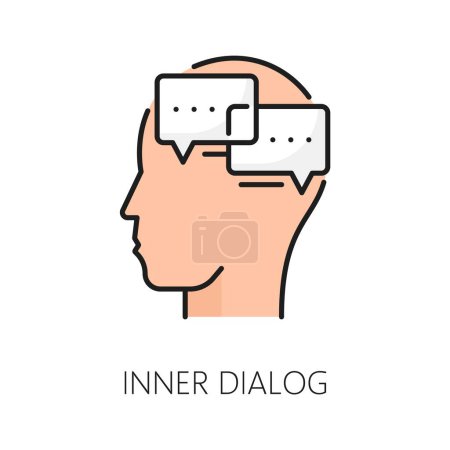 Inner dialog psychological disorder problem, mental health icon. Isolated vector thin line sign of human head with speech bubbles, symbolizing introspection, self-reflection, thoughts and conversation