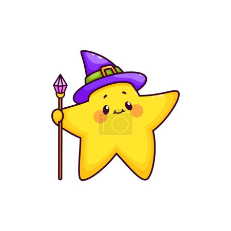 Ilustración de Dibujos animados divertido personaje estrella kawaii mago con sombrero mágico y caña. Lindo pequeño personaje de vector de estrella brillante con cara feliz y sonrisa alegre. Emoji brillante mago superestrella amarilla, emoticono del espacio - Imagen libre de derechos