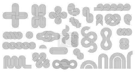 Illustration for Geometric nordic stroke line zen arch patterns, figures and shapes, vector balance arcs, rainbows and circles. Abstract minimal line art cross, wave, endless knot and heart shapes with striped pattern - Royalty Free Image