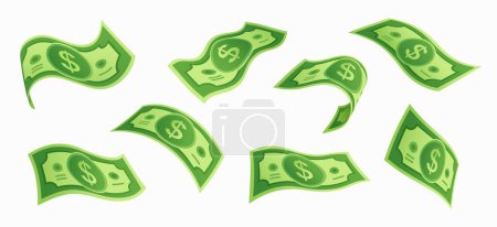 Illustration for Flying cartoon dollar money banknotes, cash bills, gracefully fluttering in mid-air, symbolizing wealth, financial success, or economic activity. Isolated vector rain of falling Usd denominations - Royalty Free Image
