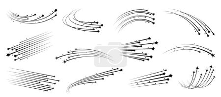 Illustration for Christmas starburst, shooting stars, falling comets with trails and traces, space meteor silhouettes. Monochrome vector set, streaks of light and energy, creating a sense of motion and cosmic elegance - Royalty Free Image