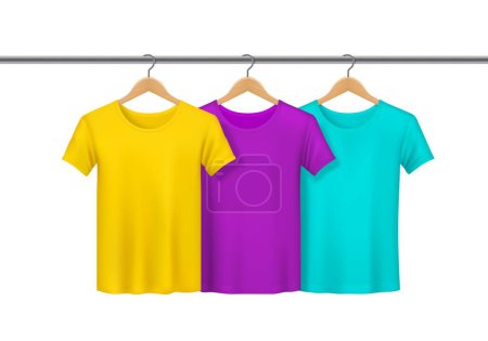 Baumwollhemdengeschäft, T-Shirts auf Kleiderbügeln für den Kleiderschrank, Vektor-Attrappe. T-Shirts, die an Holzbügeln hängen, gelbe, lila und türkisgrüne Blanko-Shirts für Bekleidungsgeschäfte oder Bekleidungsgeschäfte
