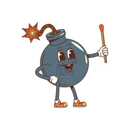 Illustration for Groovy vintage bomb funny cartoon character. Retro funny explosive mascot, groovy happy dynamite personage or vintage cute isolated vector sticker. Bomb cheerful character with flaming fuse and match - Royalty Free Image