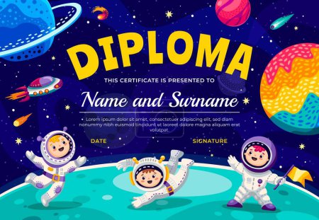 Kids diploma with child astronauts on planet surface in outer space, vector certificate award. School or kindergarten diploma with kid spaceman, space rocket or galaxy spaceship, asteroids and comets