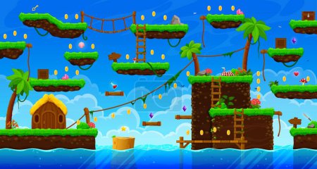 Illustration for Arcade tropical pirate island game level map interface. Palms and lianas, golden coins, platforms and stairs, ropes and flowers on sky, clouds and sea vector background. 2d video game UI assets - Royalty Free Image