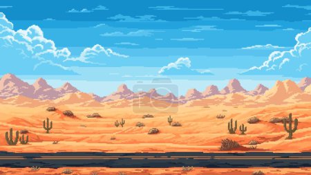 Ilustración de Retro de 8 bits pixel americano o mexicano desierto paisaje de carreteras con cactus. Pixel juego de arte vector de fondo de camino de carretera cañón vacío con montañas en el horizonte, arena y rocas bajo el cielo azul - Imagen libre de derechos