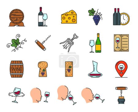 Illustration for Wine outline icons. Winery, alcohol drinks store or shop, restaurant beverages menu thin line vector symbols and signs of oak barrel, cheese slice, wine and champagne bottle, corkscrew and sommelier - Royalty Free Image
