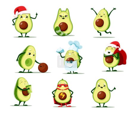 Zeichentrick-Avocado-Charaktere Vektor-Set. Weihnachtsmann mit Geschenktüte, Avocat-Tier, Superhelden-Maske und Umhang, Häuptling mit Mahlzeit auf Tablett. Frisches Gemüse Persönlichkeit trinken Cocktail, Freude und Spaß