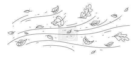 Ilustración de El aire del viento y el garabato dejan movimiento, vector de la naturaleza otoñal y el clima. Esquema hojas que caen volando en líneas de olas de corrientes de viento que soplan. Follaje seco de arces, robles y abedules que se caen - Imagen libre de derechos