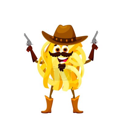 Illustration for Cartoon tagliatelle Italian pasta cowboy and sheriff, bandit and robber, ranger character. Isolated vector western noodle personage wielding guns, funny italian cuisine personage - Royalty Free Image