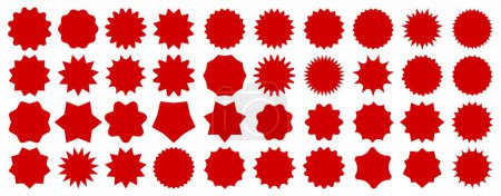 Illustration for Starburst sale price seals and labels, oval or sunburst stickers. Callout and splash, star and rosette, stamp and tag badges isolated vector set. Cartoon balloon explosion red promo advertising - Royalty Free Image