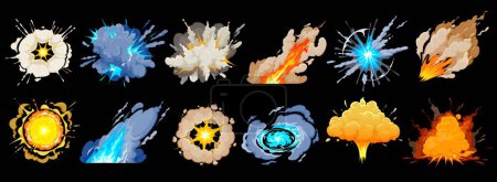 Ilustración de Explosiones de bombas de dibujos animados, humo y nubes explosivas, iconos vectoriales. Explosión de setas bomba atómica o explosión de dinamita TNT con quemadura de fuego, flash de explosión de fuegos artificiales o soplo pop y rayos de explosión de explosivos - Imagen libre de derechos