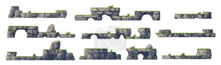 Illustration for 8bit arcade pixel art game platforms with rock stones and green grass. Isolated vector set of 2d elements, nostalgic videogame landscape, obstacles, classic gaming objects for retro-inspired adventure - Royalty Free Image