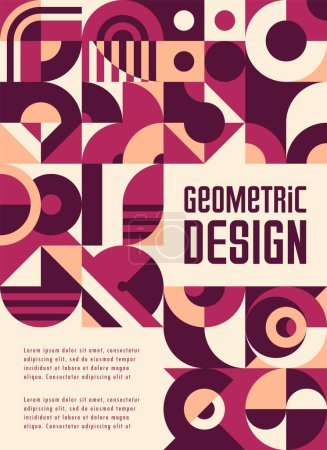 Illustration for Modern poster with Bauhaus pattern of beige, maroon, purple and pink geometric shapes, vector background. Book cover or poster with abstract minimal and simple geometric shapes of Bauhaus pattern - Royalty Free Image