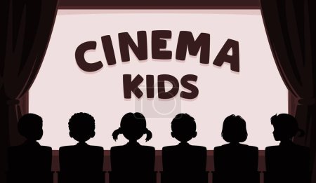 Illustration for Children cinema, kids movie theater silhouette. Vector banner features little viewers entranced by a glowing screen, creating a magical atmosphere in the enchanting world of cinematography, rear view - Royalty Free Image