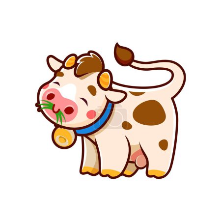 Ilustración de Lindo personaje de dibujos animados vaca o mascota comiendo hierba. Personaje animal del bebé del ganado, personaje cómico del toro o mascota aislada linda del vector del buey. Vaca personaje divertido con campana en el cuello, masticar hierba fresca - Imagen libre de derechos