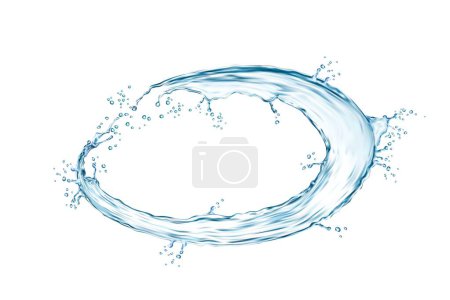 Illustration for Round circle blue water splash with drops splatter in circular wave, realistic vector. Transparent blue water wave splash of liquid flow swirl with round pour spill for cold water or soda drink - Royalty Free Image